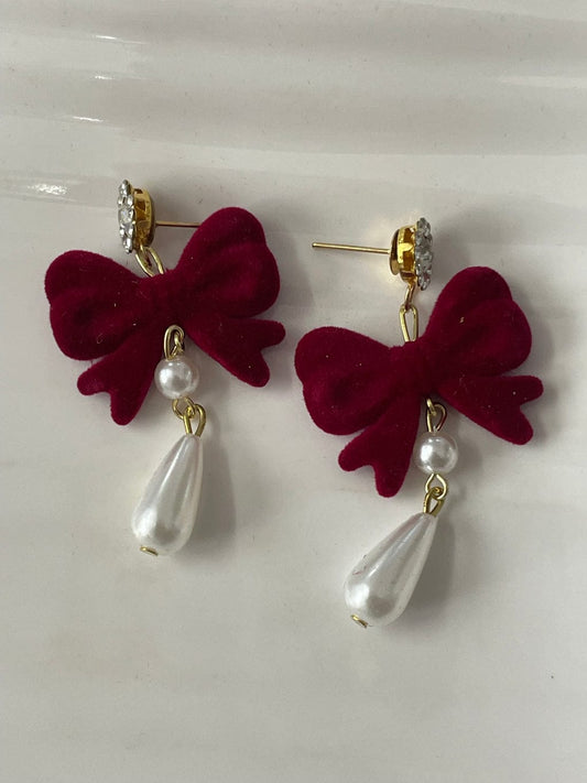 Velvet Bow Pearl Drop Earrings