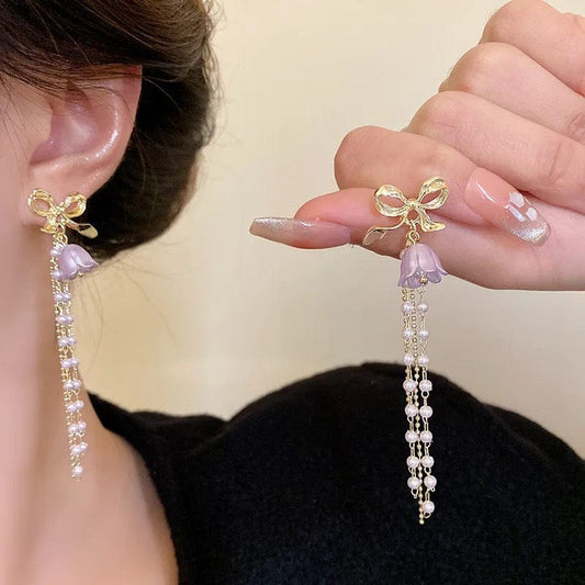 Gold Bow & Pearl Strand Earrings