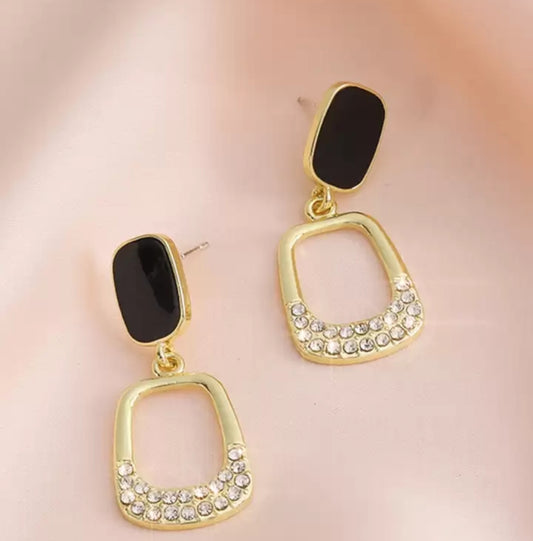 Oval Black & Gold Rhinestone Earrings