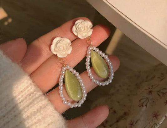 Floral Pearl & Green Stone Earrings