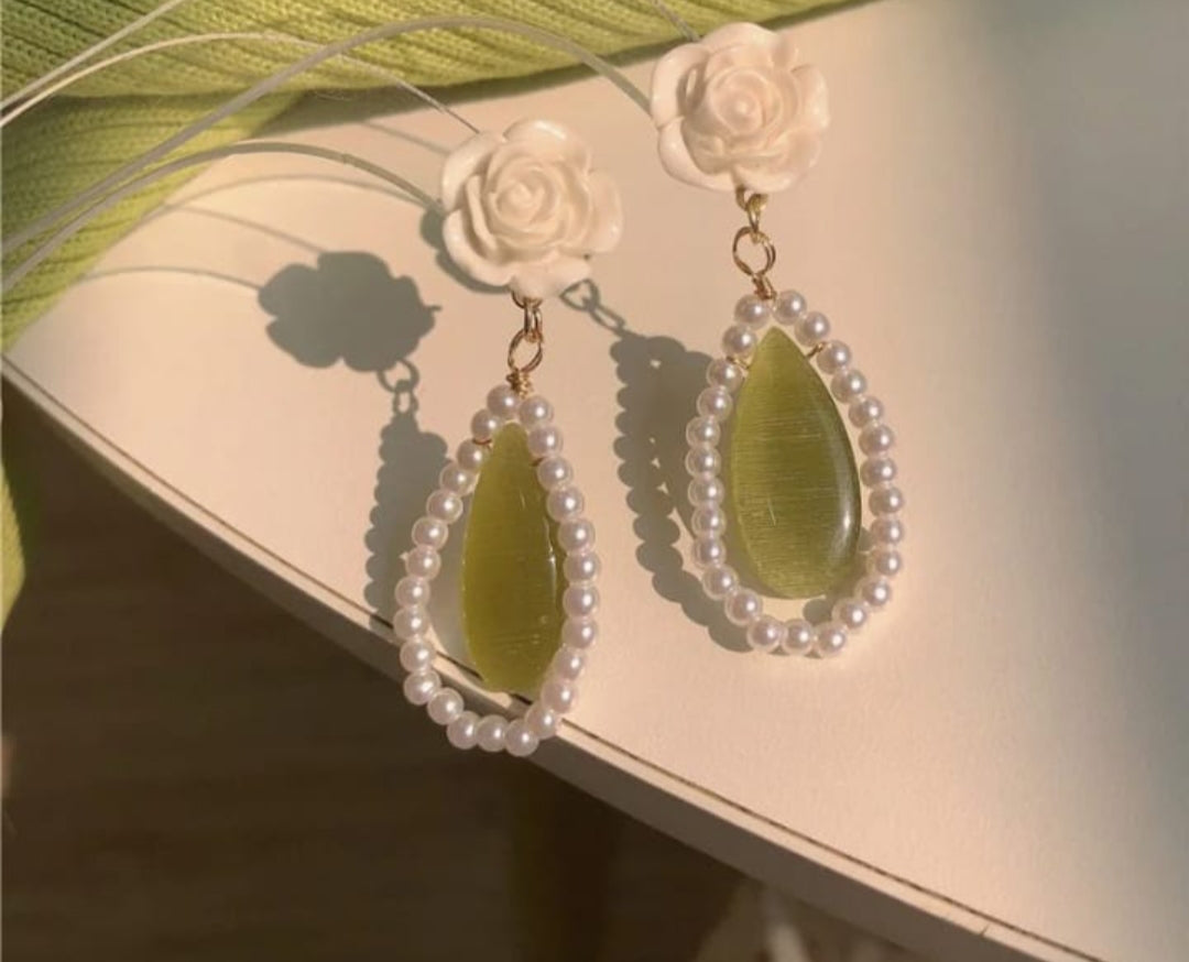 Floral Pearl & Green Stone Earrings