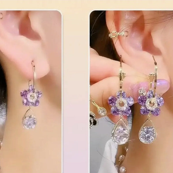 Purple Gemstone Flower Hoop Earrings