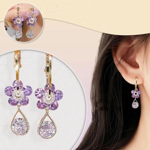 Purple Gemstone Flower Hoop Earrings