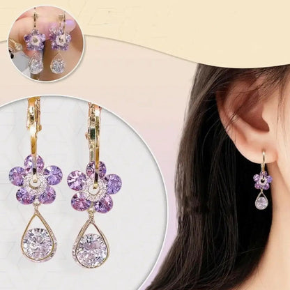 Purple Gemstone Flower Hoop Earrings