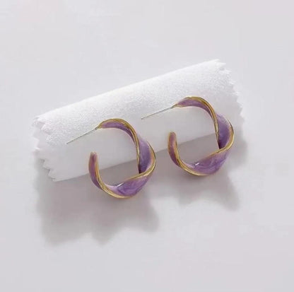 Twisted Gold and Purple Hoop Earrings