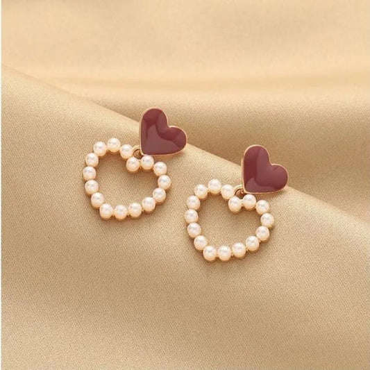 Maroon and Pearl Heart Earrings