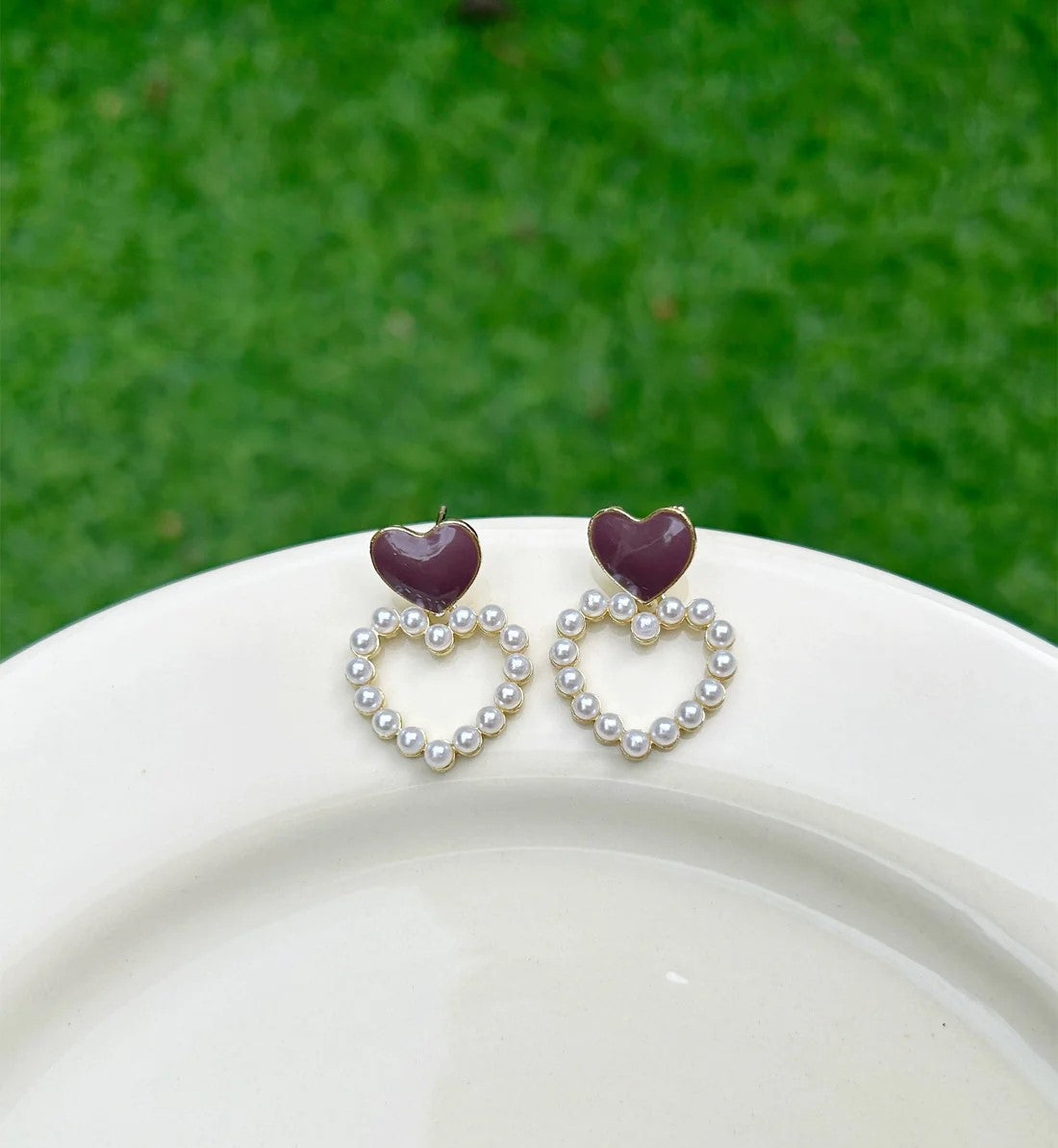 Maroon and Pearl Heart Earrings