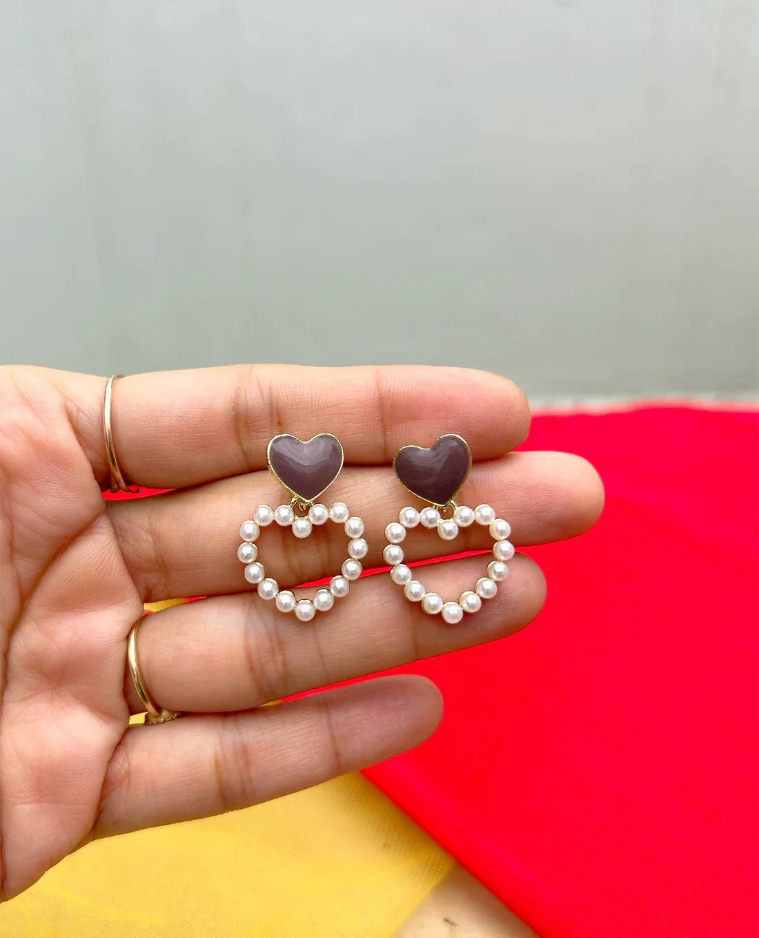 Maroon and Pearl Heart Earrings