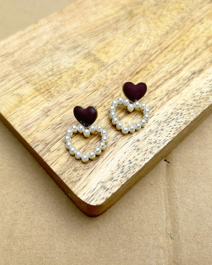 Maroon and Pearl Heart Earrings